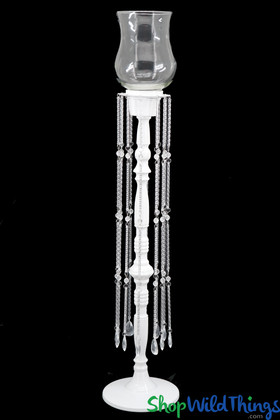 Tall Candleholder White Metal with Long Crystal Bead Strands