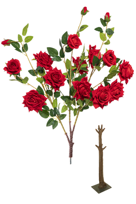 Red velvet artificial rose branch displayed beside a removable artificial tree trunk, highlighting the 1.5-inch metal housing used for inserting branches into flowering tree trunks.