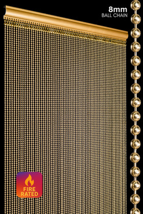 Brass metal ball chain curtain with 8mm balls and standard-density 68-strand construction, custom-made in Arizona by ShopWildThings.com