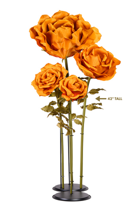 Full display of 42-inch tall oversized copper silk rose with multiple blooms and sturdy stems, shown with stand for wedding and event decoration