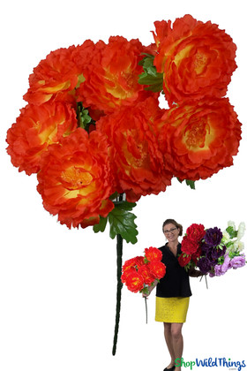 Large Silk 7 Head Orange/Yellow Peony Bouquet Spray 30" Tall, ShopWildThings.com