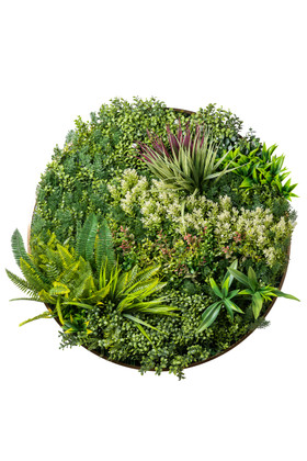 ShopWildThings Foliage Fusion Ring Garden wall décor, 31.5-inch round gold metal frame filled with lush artificial greenery, UV-stable and durable for indoor or outdoor use.