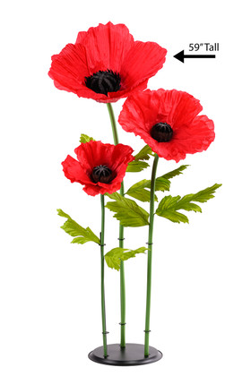 ShopWildThings.com Oversized Large Silk Poppy Bloom in vibrant red, 59 inches tall by 14 inches wide, with three lifelike blossoms and bright green leaves for striking floral displays.