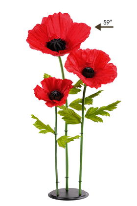 ShopWildThings.com Oversized Large Silk Poppy Bloom in vibrant red, 59 inches tall by 14 inches wide, with three lifelike blossoms and bright green leaves for striking floral displays.