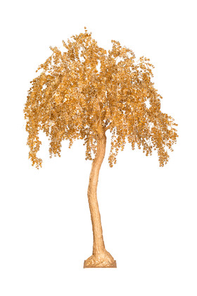 7-Foot Tall Golden "Promise" Metallic Tree with 12 removable branches, artificial weeping tree centerpiece for weddings, parties, and glamorous event décor.