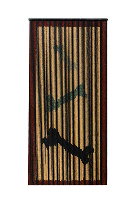 Dog bone wooden bead curtain, 35.5 inches wide by 6.5 feet long, featuring 65 strands of natural wood beads framed in dark brown border.