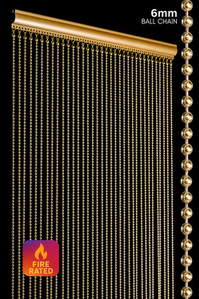 Full length 6mm brass gold metal ball chain curtain with aluminum top rail, fireproof and made in the USA, ShopWildThings.com