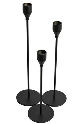Minimalist matte black long stem candle holder set of three with round bases and sleek taper cups for modern event decor