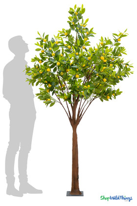 Artificial lemon tree with yellow fruit standing 7.5 feet tall with realistic trunk and dense green foliage – ShopWildThings decorative event tree