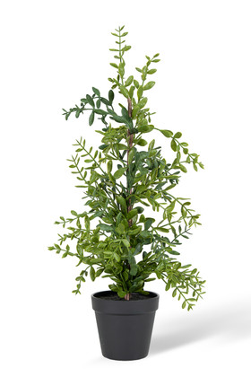 Full view of artificial boxwood tree 24 inch tall in black pot realistic tabletop greenery decor ShopWildThings.com
