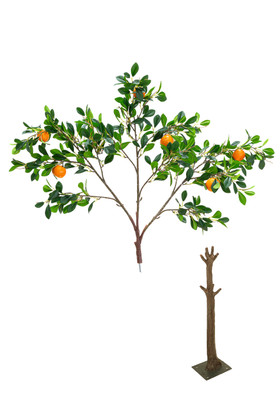 32 inch artificial orange interchangeable branch with fruit displayed with tree trunk base, full product view