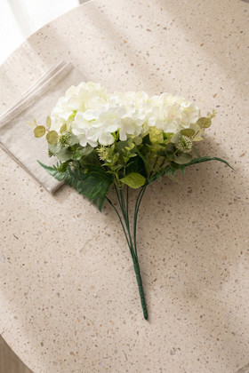 Cream White Hydrangea Bouquet – 7 Head Artificial Spray with bundled handle on terrazzo table, ShopWildThings.com