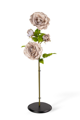 Oversized Champagne Velvet Roses on Stem 52" styled in a minimal editorial interior with black flower holder base, ShopWildThings.com