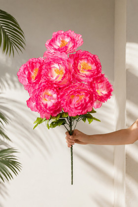 Enchanting Beauty Pink Silk Peony Bouquet 30 inch handheld scale shot with young female arm in tropical editorial studio setting, ShopWildThings.com