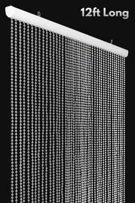 Faux metal ball chain beaded curtain 35 inches wide by 12 feet long installed as shimmering silver backdrop at elegant wedding reception