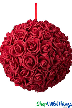 13" Red Rose Pomander Kissing Ball with Hanging Ribbon, Near to Real Foam Flowers, ShopWildThings.com
