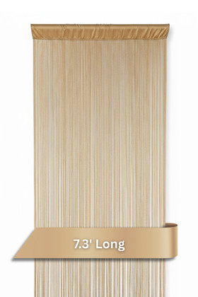 “Full-length 10-foot Honey Gold String Curtain displayed hanging from a rod. High-quality polyester strands create an airy, modern backdrop for events or window displays.”
