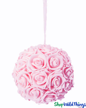 6" Pink Rose Pomander Kissing Ball with Hanging Ribbon, Near to Real Foam Flowers, ShopWildThings.com