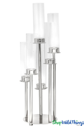 Silver Stem Cluster 22" Tall  Candelabra 6 Glass Hurricane Cylinders - Round Centerpiece