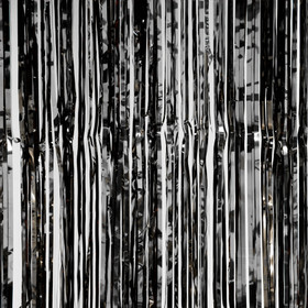 Metallic Black Foil Fringe Curtain 8' Backdrop | ShopWildThings.com