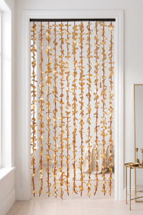 Metallic Gold FabuLush Hanging Silk Floral Curtain with gold fabric leaves and natural bamboo accents, 35 inches wide by 5.5 feet long, ShopWildThings.com.