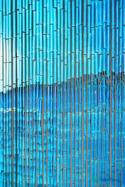 “Dolphin Family” hand-painted bamboo curtain with colorful ocean scene and three dolphins on white background, 35.5" wide x 78" long, ShopWildThings.com