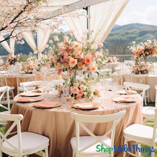 Light Peach and Blush Spring Wedding Reception

Light pink, peach fuzz, and greenery mixed floral centerpiece with blush tablecloths and white chairs. Outdoor Spring Wedding Decor Ideas by ShopWildThings.com