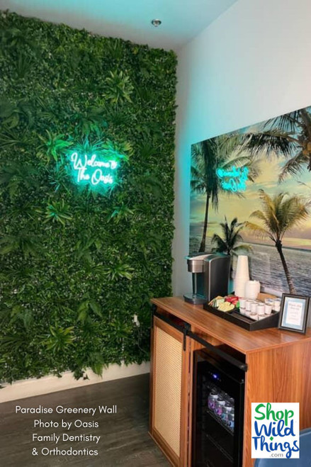 Create a lush, welcoming statement wall with Paradise Artificial Greenery Wall Panels from ShopWildThings. Designed for waiting rooms, dental offices, spas, and lobbies, these faux plant panels feature dense rainforest-style foliage. UV protected, fire rated, and trimmable with scissors. Available in 20"x40" and 40"x40" sizes for indoor or outdoor use. A perfect solution for no-maintenance greenery in commercial spaces.