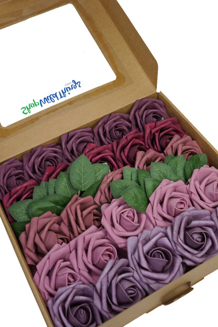 Mauve, Pink, Purple, Burgundy Roses on Stems Box Set for Wedding Decor ShopWildThings