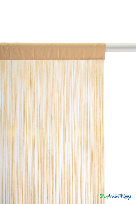 Detailed view of the light gold fabric header and dense strands on the Nassau Polyester & Cotton String Curtain Backdrop 35" Wide x 6' Long — ShopWildThings.com