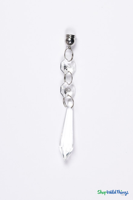 Clear faceted Ainsley magnetic pendant drops lifestyle photo showing six acrylic crystal beads attached by magnetic bases to metal candle tree decor – ShopWildThings.com