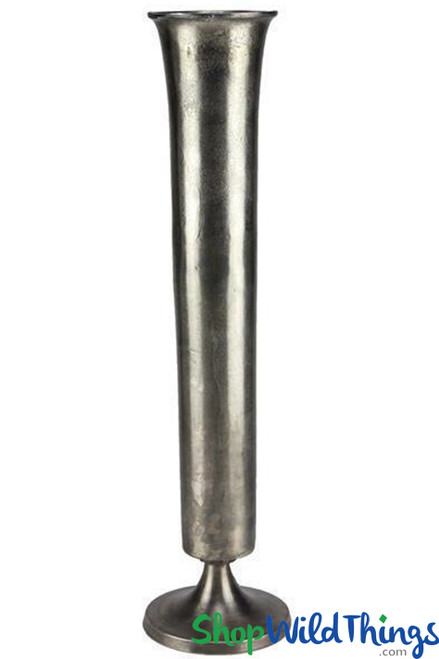 Luxury Heavy Tall Narrow Metal Aluminum Trumpet Vase for Floral Designs Pewter Antique Silver ShopWildThings.com
