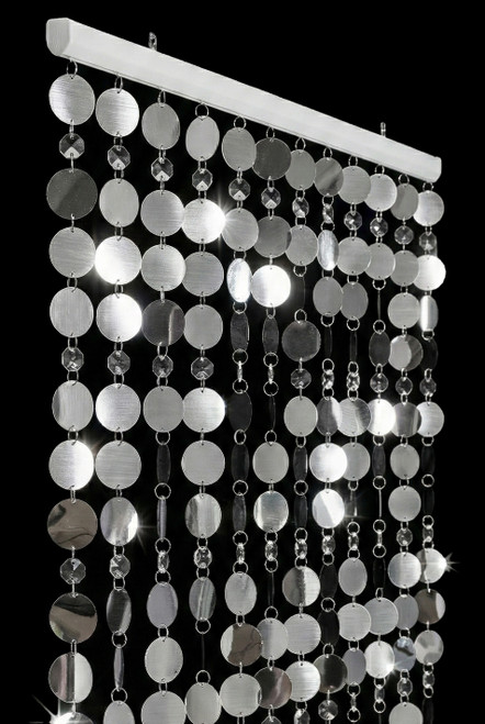 Kate Metallic PVC & Crystal Beaded Curtain 34 inch x 6 foot with 1.5 inch silver metallic circles and clear octagon acrylic beads hanging from rod with sliding eyelets – ShopWildThings.com