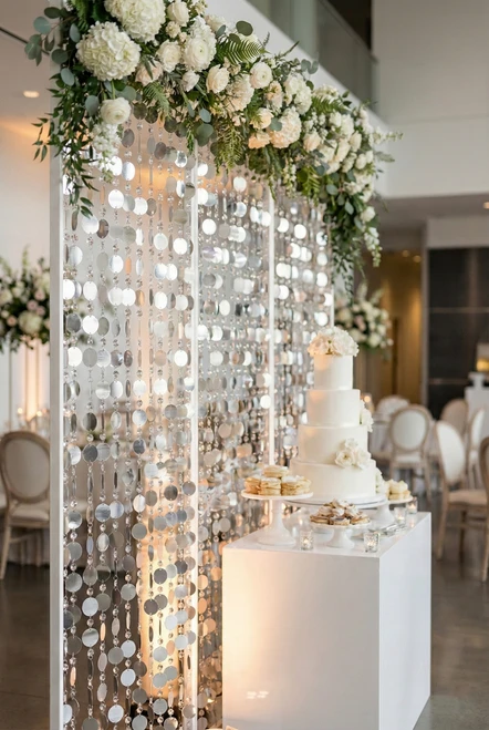 Hanging Metallic Silver PVC Discs and Clear Acrylic Crystals Make This Curtain a Perfect Photo or Event Backdrop | ShopWildThings.com