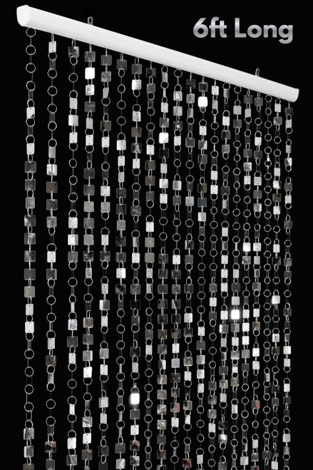 Shimmy Silver Beaded Curtain 3' x 6' with 20 strands of 1/2 inch square silver PVC mirrors, reflective metallic shimmer backdrop for events, stages, windows, and home decor