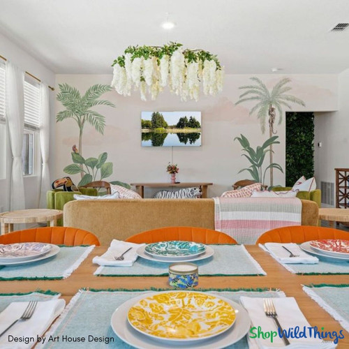 White Wisteria Sprays and Stems by ShopWildThings.com are more than just beautiful—they're versatile! Available in a variety of sizes and colors, these blooms as perfect for adding that wow look to your living room, dining room, or wherever you need a lush pop of nature.

Wisteria Ceiling Chandelier in a Tropical Airbnb Vacation Rental Property Interior Design