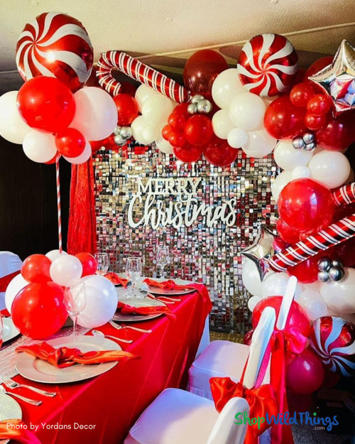Candy Cane Peppermint Christmas Party Decor and Backdrop – Red and White Holiday Decor
Silver Sequin Shimmer Walls are such a versatile decor option. ShopWildThings has Sequin Shimmer Wall panels in dozens of shapes and sizes, plus the ability to create completely customizable Shimmer Wall Panels with logos, monograms, patterns and more.