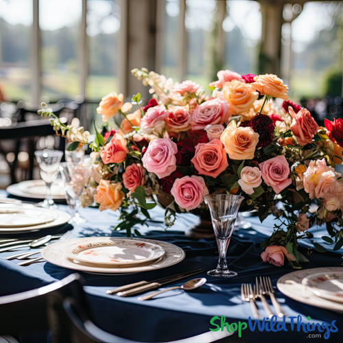 Dark Blue and Blush, Peach, and White Centerpiece for Spring Wedding

Round table with dark navy-blue tablecloth and a beautiful spring floral arrangement. 
Outdoor Spring Wedding Decor Ideas by ShopWildThings.com