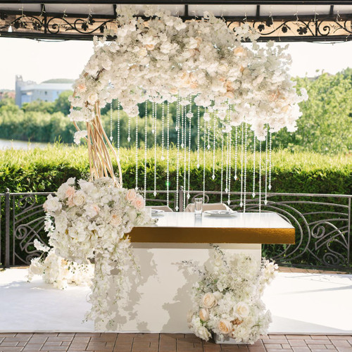 All White and Crystal Wedding Reception Sweetheart Table – Hanging Crystals and Cascading Florals – ShopWildThings.com for Artificial Silk Florals, Crystal Pendants, Garlands and More!