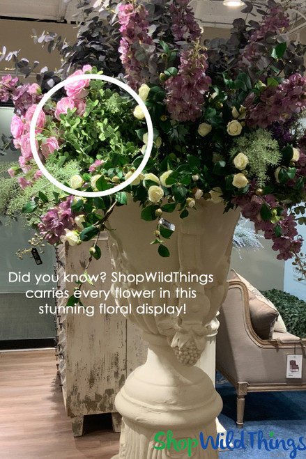 Deluxe 22" Foam Eucalyptus Bush with Seed Pod Stems, 30 Total Stems Wrapped Together shown in large urn floral display