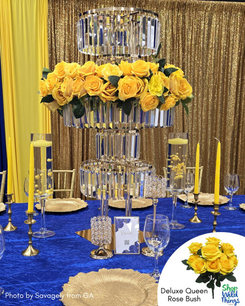Luxurious Yellow Rose Centerpiece Using Deluxe Queen Rose Bouquets by ShopWildThings.com! These rose bushes are available in over 20 unique and hard to find colors and feature 10 large artificial rose heads! Perfect for creating the floral centerpiece of your dreams.