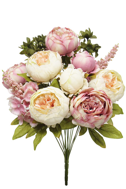 Deluxe Peony & Hydrangea Flower Bouquet, 19" Tall x 12" Wide Champagne Mauve Spray With 13 Stems