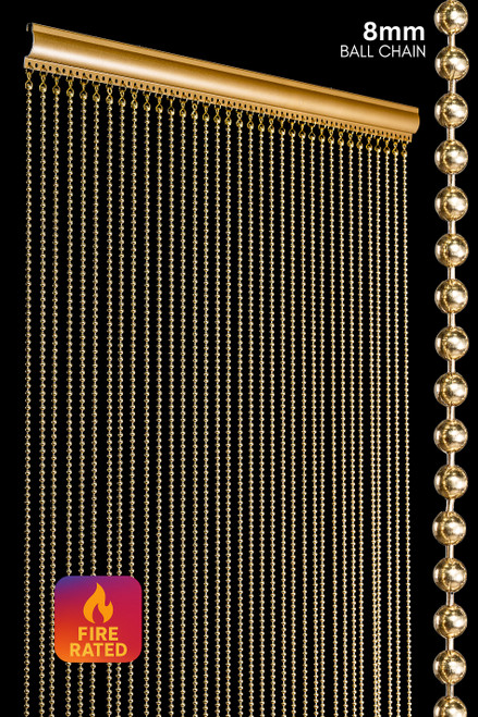 Brass metal ball chain beaded curtain with regular density spacing, 34 strands per 34.5 inches, fireproof and USA made by ShopWildThings.com