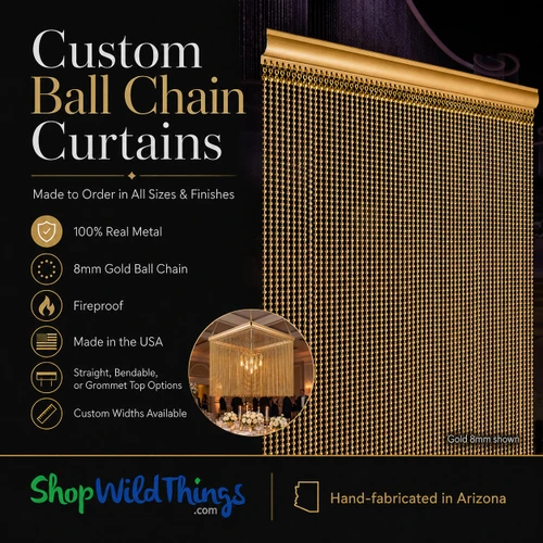 Custom Size - Fireproof - 8mm Brass Plated Gold Ball Chain Curtain - Real Metal - 1" On Center (34 Strands)