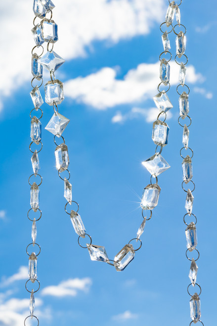 Premium 30 foot crystal clear acrylic garland with emerald cut and princess cut beads for luxury wedding and event decor by ShopWildThings.com