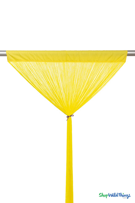 Fire-rated yellow string curtain on silver rod with flame safety badge – Nassau polyester and cotton fringe panel by ShopWildThings