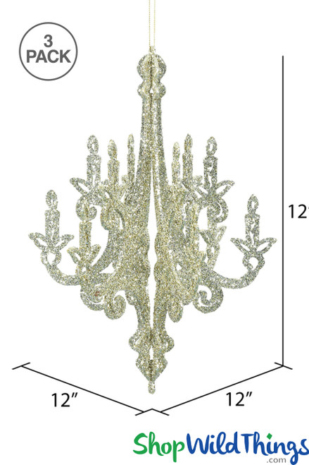 Set of 3 Gold Glitter Chandeliers 3 D Ornament Displays Hanging Retail Store and Event Decor