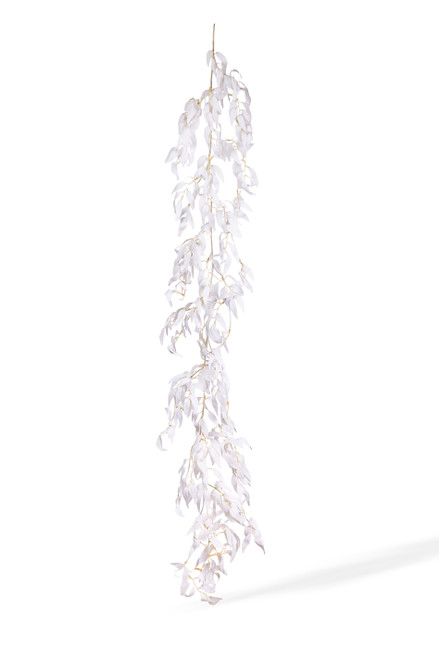 5 foot white artificial smilax willow leaf garland hanging vertically, showing flexible vine structure and cascading white leaves