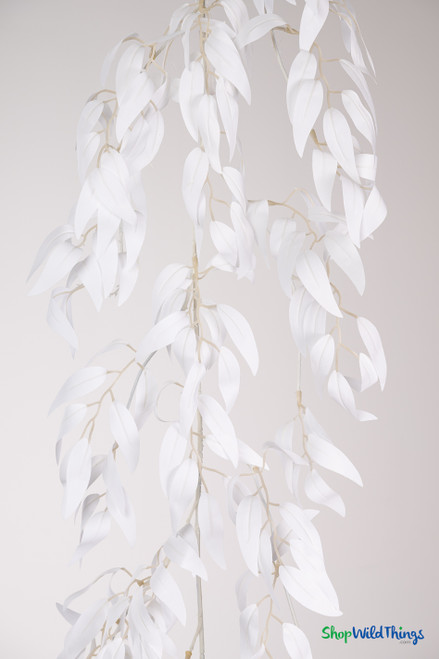 White artificial smilax willow leaf garland, 5 foot flexible vine for weddings, arches, table runners, and event décor on white background