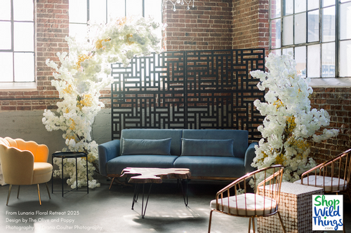 Great for wedding arches, backdrops, or focal points in lounges, “The Swoop” by ShopWildThings.com comes in 4 unique styles and is compatible with our collection of Replacement Branches for endless styling possibilities!
Pictured here is our “Cream Dogwood” Swoop Semi Circle Arch which can be assembled in 2 different ways.